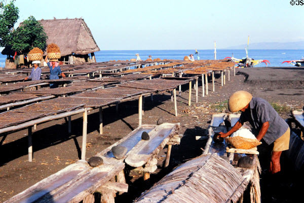 Drying salt on beach at Kusamba. Bali, Indonesia.