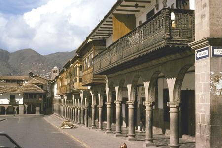 Arcades & balconies along north side of Plaza de Armas in Cusco. Peru.