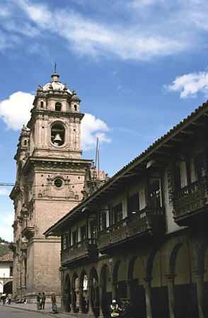 La Compaña & balconies on south side of Plaza de Armas, Cusco. Peru.