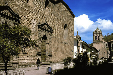 Santa Catalina Convent with Cathedral of Cusco at end of street. Peru.