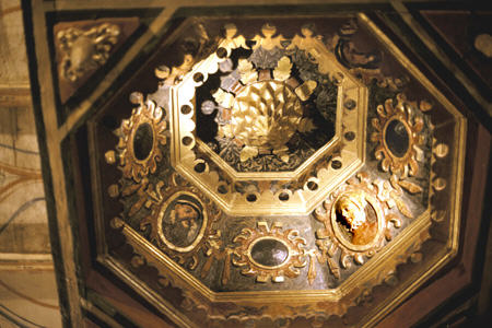 Ceiling decoration in Spanish mansion which now serves as Incan Museum in Cusco. Peru.