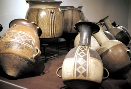 Inca ceramic pot collection (15th-16thC) in Inca Museum, Cusco. Peru.