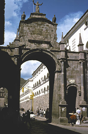 Arco Santa Clara in Cusco with two condors sculptures on top. Peru.