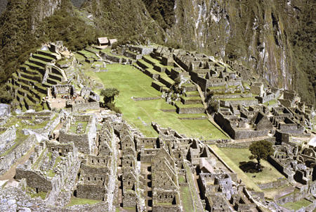 Central plaza, Intihuatana, sacred plaza & temples, Temple of Sun, & workshop section of Machu Picchu. Peru.