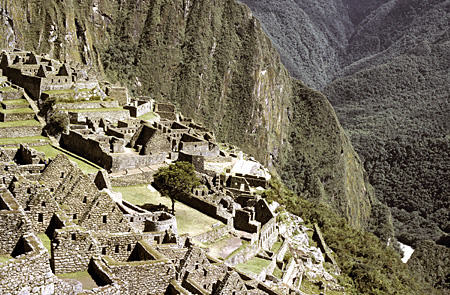 Eastern slope of Machu Picchu showing valley below. Peru.