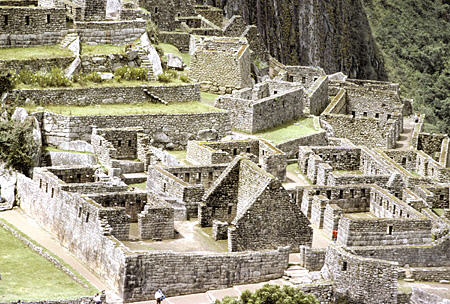 Detail of Second Palace of Millers (Palacio II-Morterds) seen from above at Machu Picchu. Peru.