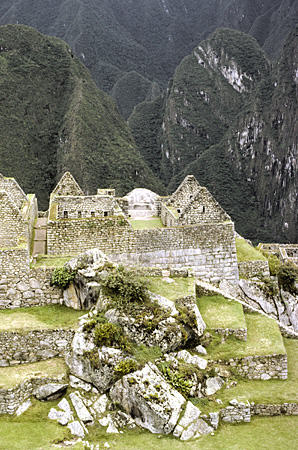 Manchu Picchu workshop buildings seen from observatory. Peru.