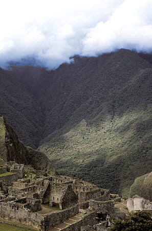 Machu Picchu structures & valley view. Peru.