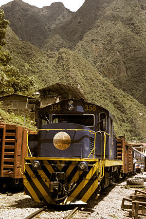 Perurail locomotive in Aguas Calientes. Peru.