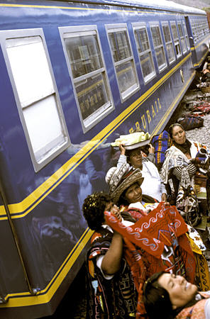 Souvenir sellers at Ollantaytambo during Perurail train trip to Machu Picchu. Peru.