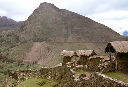 Incan Fortress ruins near trail starting at upper parking lot in Pisac. Peru.