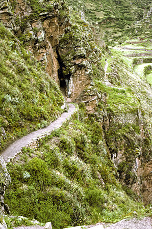 Section of Incan trail running through Incan-built tunnel at Incan Fortress in Pisac. Peru.