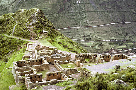 Round Temple of the Sun in Incan Fortress ruins, Pisac. Peru.