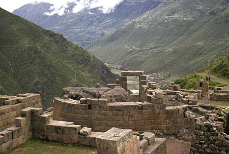 Detail of Temple of the Sun in Incan Fortress, Pisac. Peru.