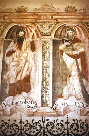 Paintings frescos of St Bartholomew & Matthew in village church, Oropesa. Peru.