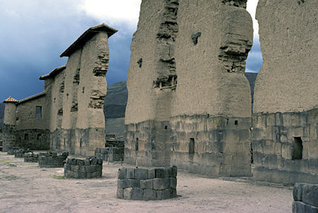 Temple of Viracocha in Ragchi, holiest of Inca shrines. Walls, made of stone below & adobe above, once supported largest known roof in Inca Empire. Peru.