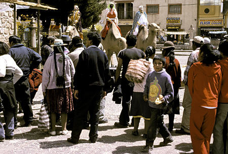 People in front of Church of Santa Catalina, Juliaca. Peru.