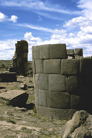 Remains of Inca tower tombs at Silustani (Sillustani). Peru.
