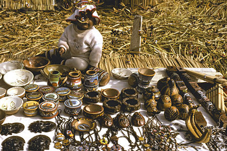 Gourds & pots for sale on Uros Floating Islands in Lake Titicaca. Peru.