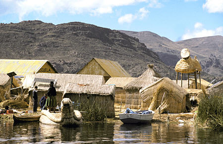 Village on Uros Floating Islands, Lake Titicaca. Peru.