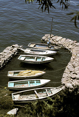 Boats on Tequila Island, Lake Titicaca. Peru.