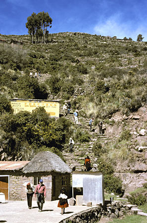 500 stairs lead up to village on Tequila Island, Lake Titicaca, start at about 4,000m in altitude. Peru.