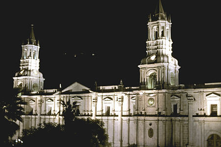 Arequipa Cathedral at night. Peru.