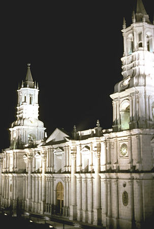 Cathedral in Arequipa at night. Peru.