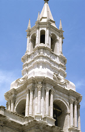 Detail of Cathedral tower in Arequipa. Peru.