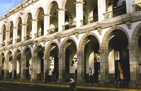 Arcades of Hotel Sonesta Posada del Inca in Plaza de Armas, Arequipa. Peru.