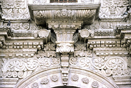 Detail of facade La Compañia with puma in Arequipa. Peru.