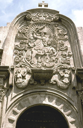 Detail of side facade of La Compañia in Arequipa depicting St. Sandiago Matamoros who defeated Moors. Peru.