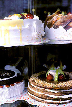 Cakes in a shop window in Arequipa. Peru.