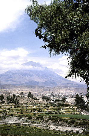 Pre-Incan Terraces & Misti Volcano in Arequipa. Peru.