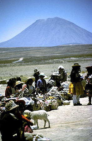 Souvenir sellers & Misti Volcano in Cañahuas. Peru.