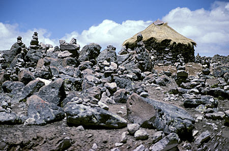 Highest point on Chivay Road where natives leave rock piles to honor gods of volcanoes. Peru.