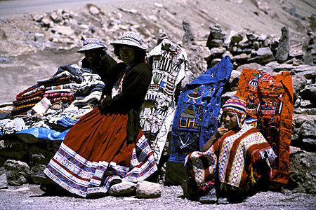 Craft sellers along highest pass on Chivay Road. Peru.