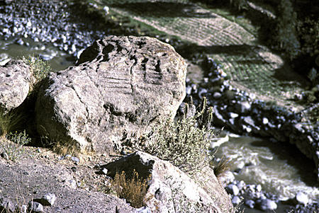 Incan rock carvings in Colca Canyon thought to be blueprint for terracing. Peru.