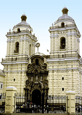 Baroque facade of San Francisco Monastery in Lima. Peru.