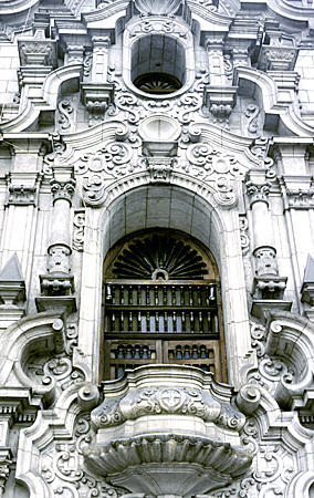 Detail of baroque facade of Archbishop's Palace, Lima. Peru.