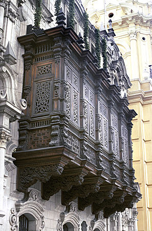Wooden screen on balcony of Archbishop's Palace in Lima. Peru.