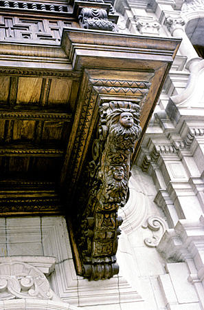 Carved beam supporting balcony of Archbishop's Palace in Lima. Peru.