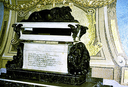 Tomb of Don Francisco Pizzaro (Pizarro), who was born in 1478 & assassinated in 1541, sits in Lima Cathedral. Peru.