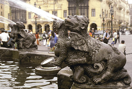 Detail of Plaza Mayor fountain in Lima. Peru.