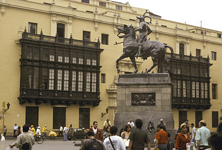 Statue of Pizarro on corner of Plaza Mayor, Lima. Peru.