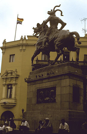 Equestrian statue of Pizarro on Plaza Mayor in Lima. Peru.