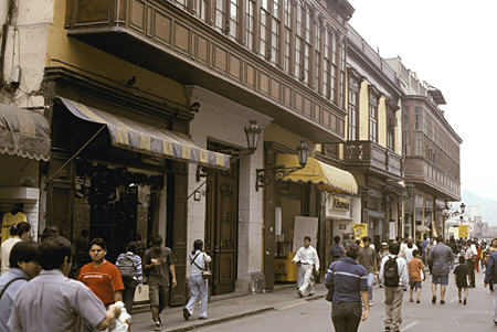 Balconies along Aliaga Street in Lima. Peru.