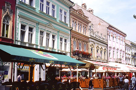 Colorful buildings along main street (Ulica Hlavná) of Kosice. Slovakia.