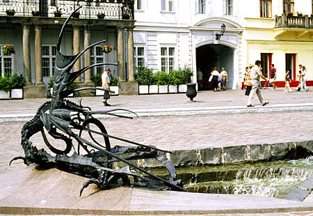 Dragon fountain on Ulica Hlavná in Kosice. Slovakia.