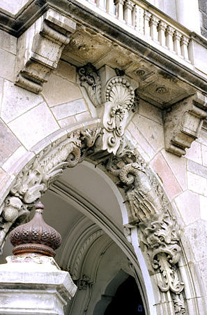 Detail of fire-breathing dragon on home of Dr. Beneša in Kosice. Slovakia.